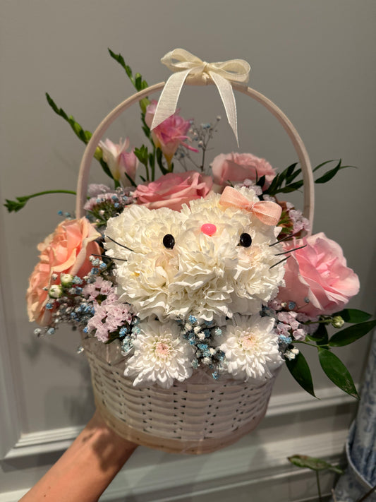 White Cat Flower Basket