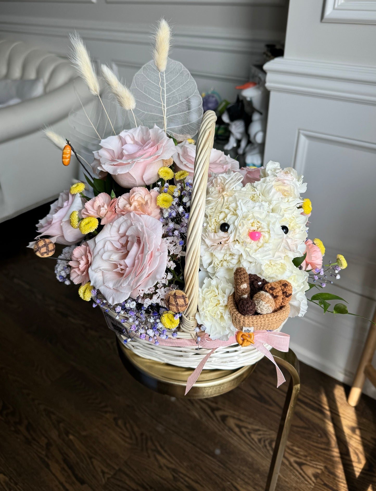 White Bunny Flower Basket